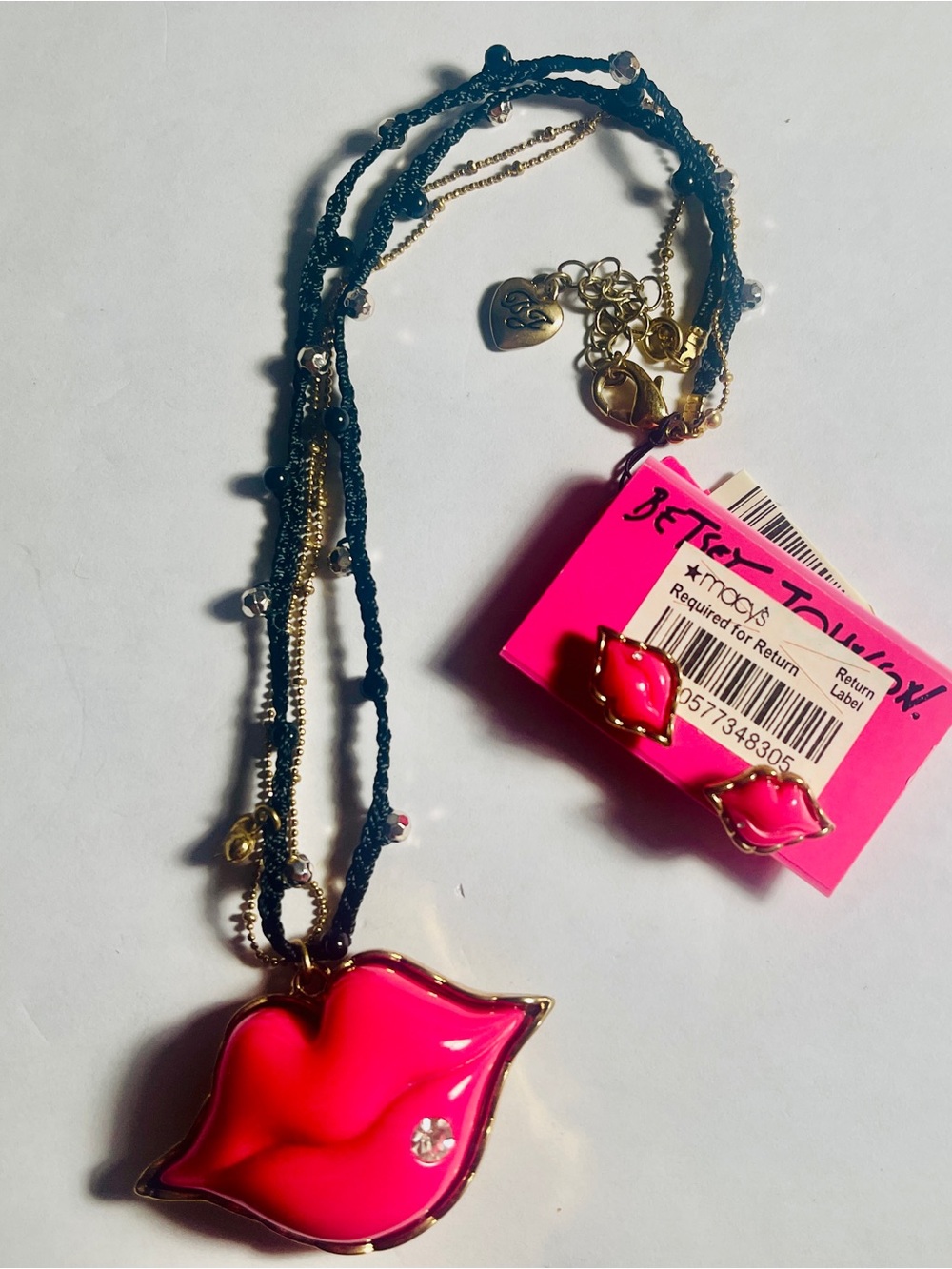 Betsey Johnson Bright Pink Lip Pendant Necklace and Stud Earring Set